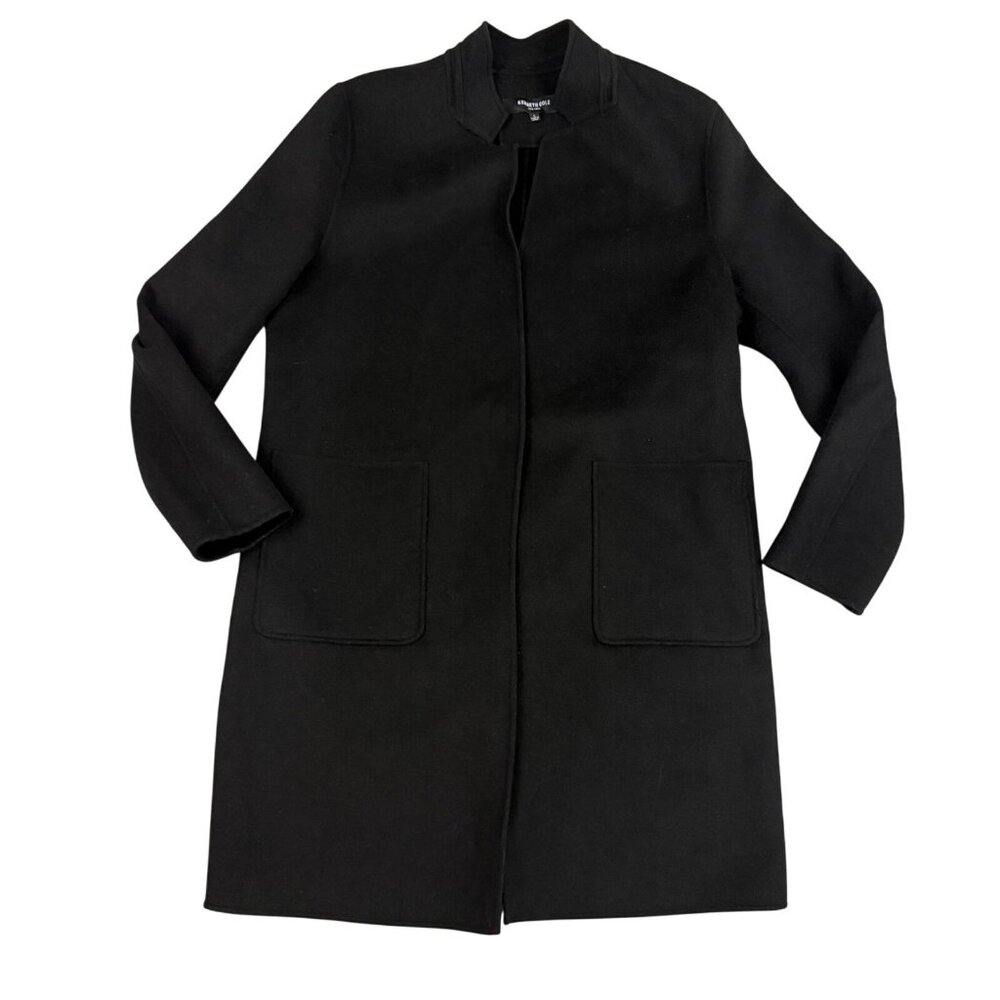 Kenneth Cole New York Coat Womens Large Black Collarless Open Front‎ Minimalist